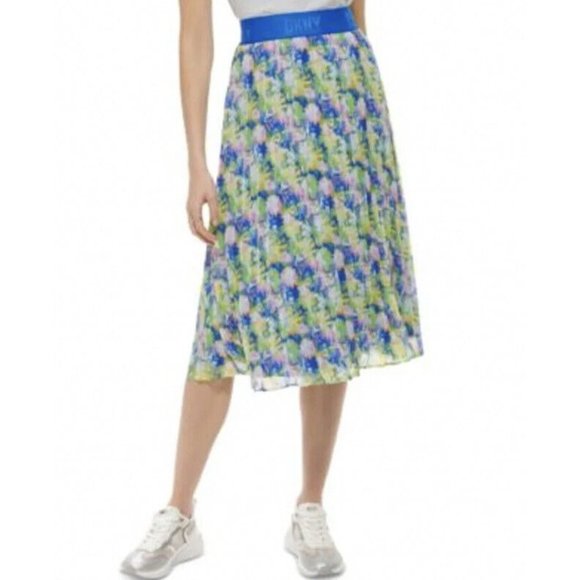 DKNY Womens Floral Printed Pull On Midi Pleated Skirt Logo Waist Band Blue S - Picture 1 of 5